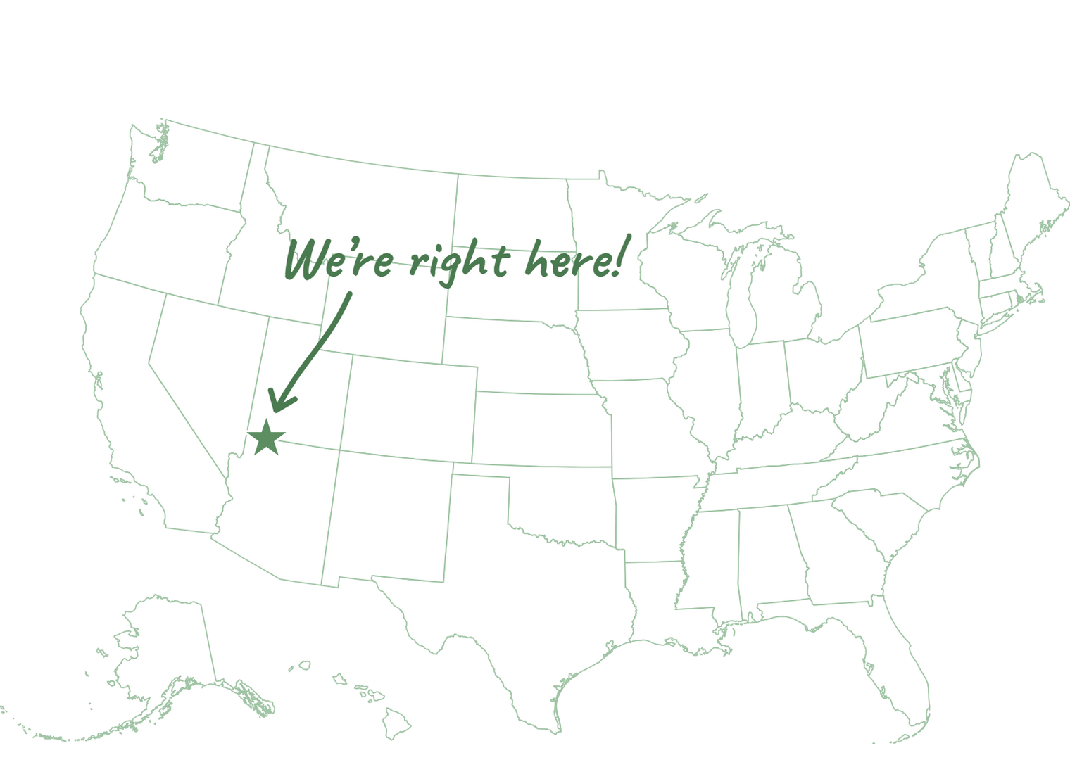 Map of the United States in white with green lines, star on Colorado City, Arizona. We're right here!